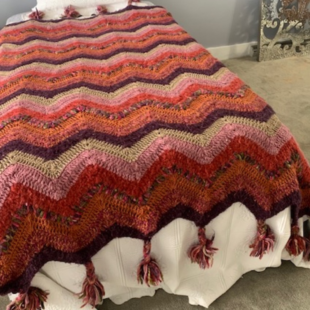 Crochet Multicolored Afghan Blanket with Tassels